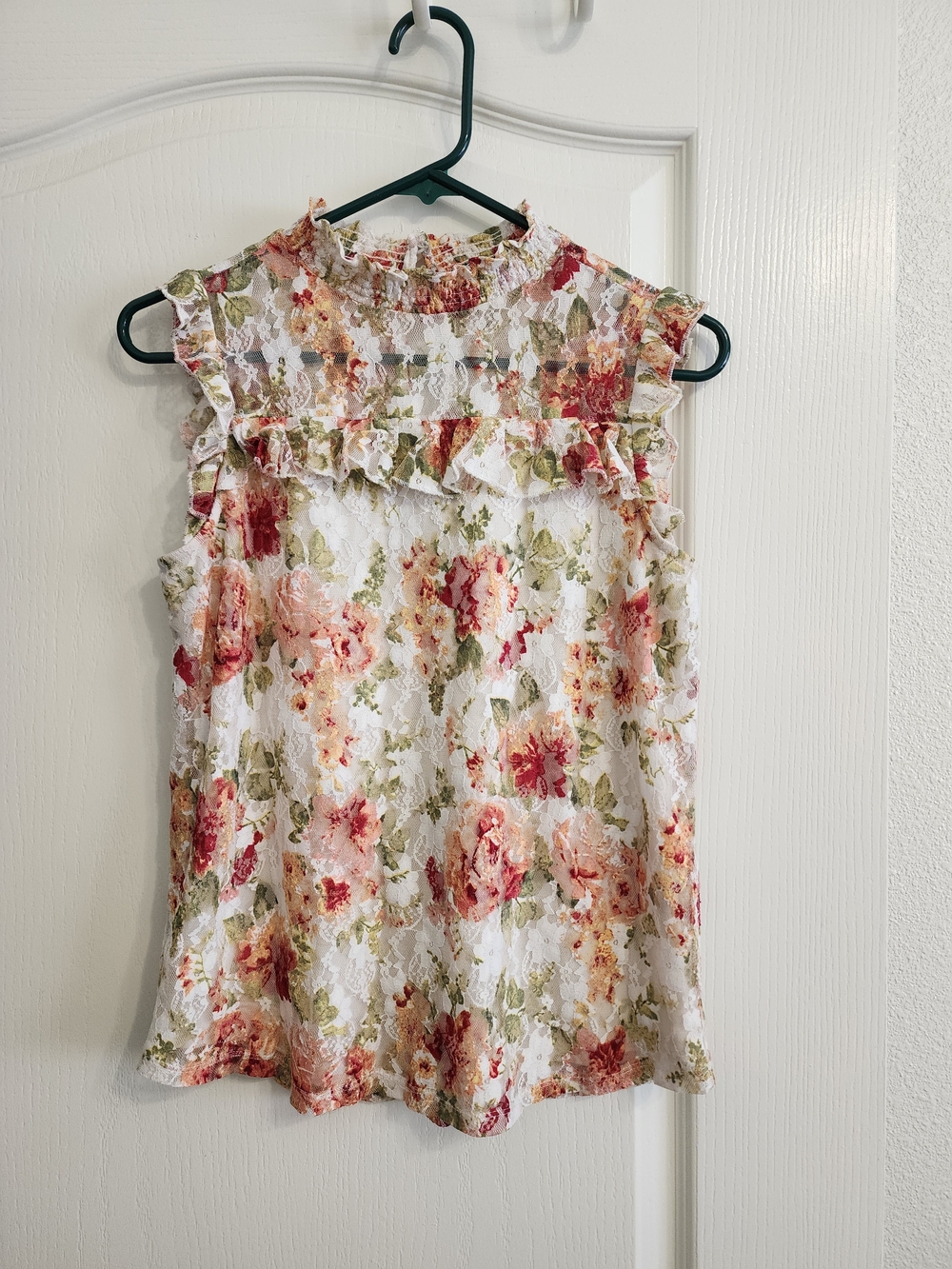 Crave Fame White Lace Floral Ruffle Camisole with Pink & Green